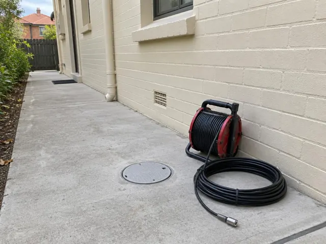 Capped inspection opening on a concrete side path beside a coiled drain camera reel and house wall in Fairfield