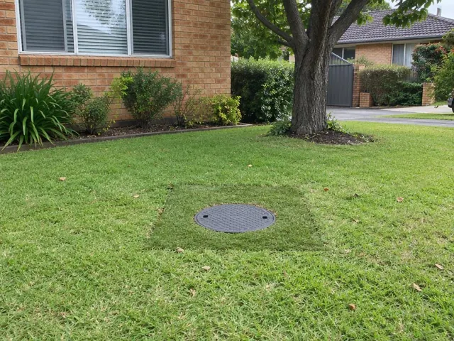 Flush round capped sewer access cover in a lawn beside a brick house in St Johns Park